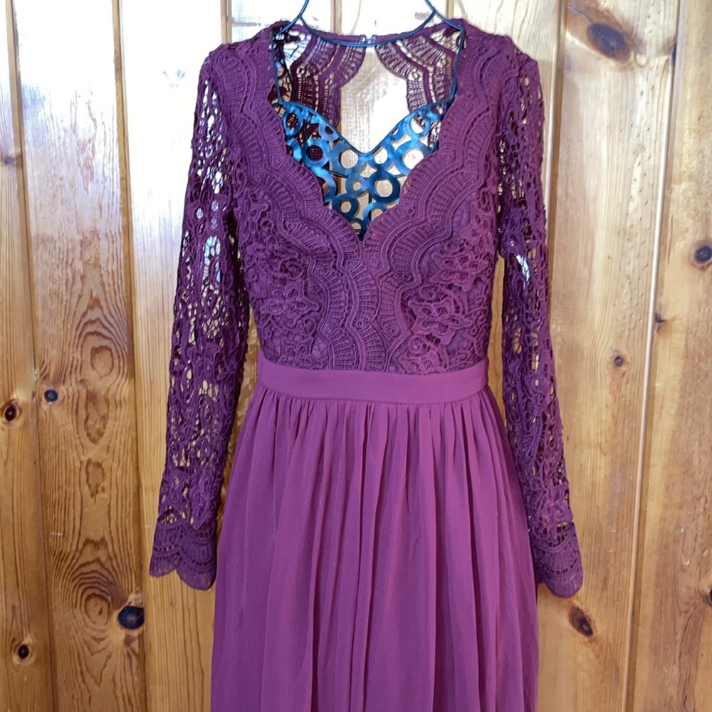 Awaken My Love Burgundy Long Sleeve Lace Maxi Dress small bridesmaids maternity - Picture 5 of 13